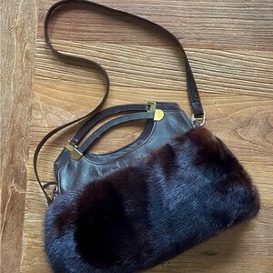 SOLD; EXCELLENT NATURAL RICH RANCH MINK FUR HANDBAG  HIDDEN HAND MUFF LEATHER